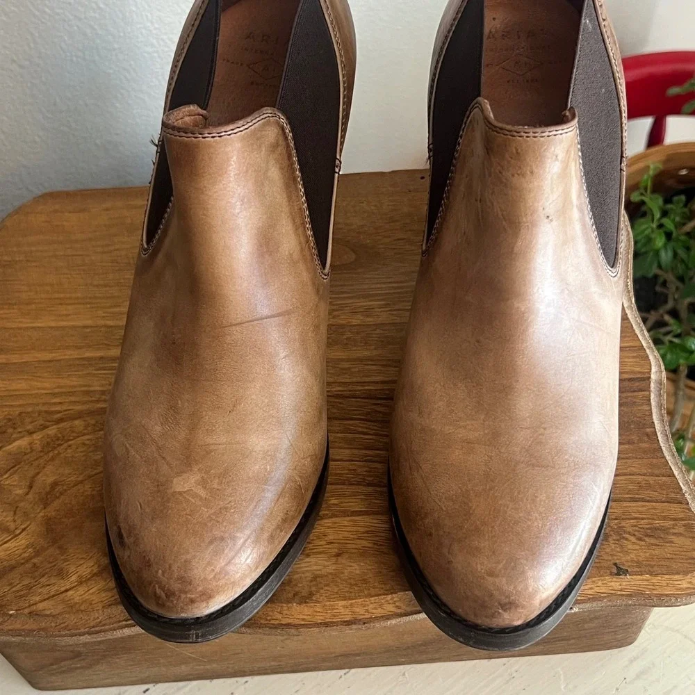 Ariat‎ Tan Leather Braided Back Block Heel Ankle Boots 10012049 Womens 9B